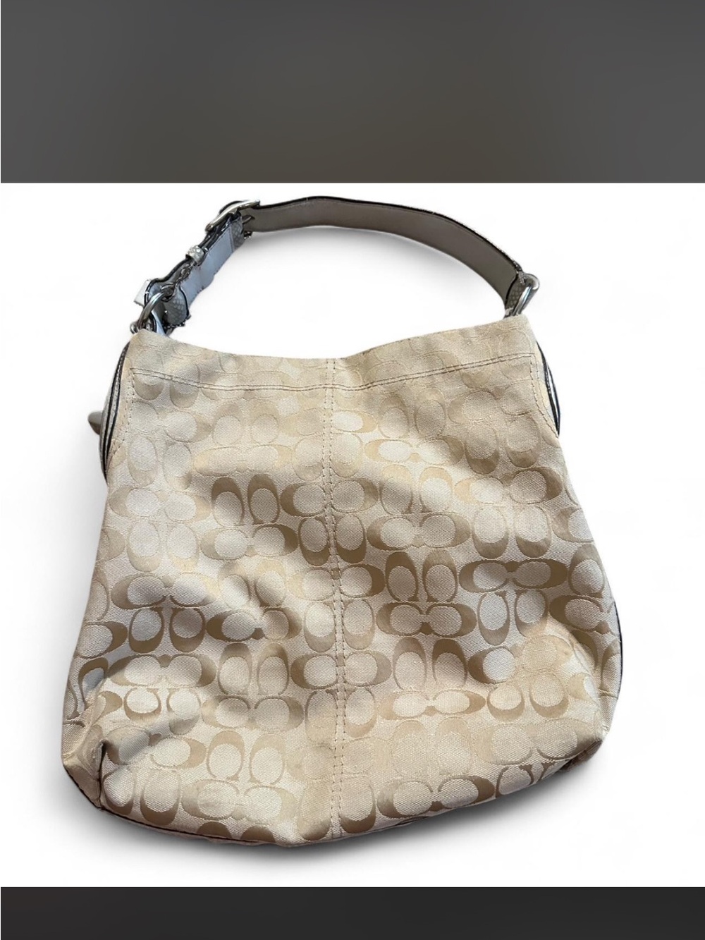 Coach Beige Signature Hobo Shoulder Bag with Silver Hardware